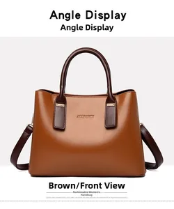 Vista frontale di una borsa in pelle marrone con dettagli in metallo dorato