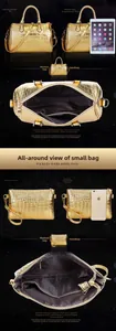 Detail of gold crocodile embossed leather handbags set with size comparison to iPad