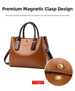 Dettaglio della borsa in pelle marrone che mostra il sistema di chiusura a fibbia magnetica