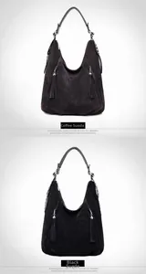 Detail view of large suede hobo bag with fringe tassels and metallic stud decorations