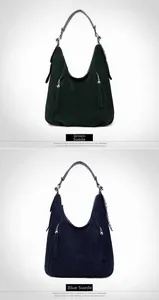 Close-up of matte suede hobo bags in dark green and navy blue with fringe and metal studs