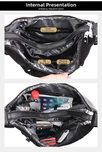 Detail of multi-pocket interior with large storage capacity and zipper compartment