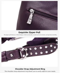 Detail of silver zipper and rivet ring on purple pebble leather handbag with smooth zip