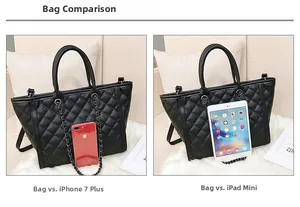 Sac cabas noir matelassé comparaison de taille avec iPad mini et smartphone