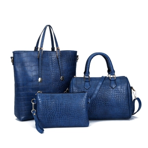 Three-piece set of navy blue embossed crocodile pattern tote, boston bag and pouch