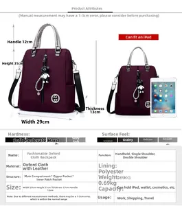 Guide des dimensions du sac à dos bordeaux en oxford avec référence de capacité iPad