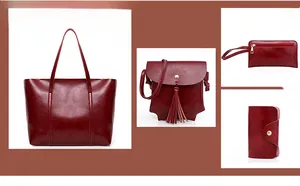 Détail de l'ensemble de 4 sacs à main en cuir PU bordeaux avec cabas et pochette
