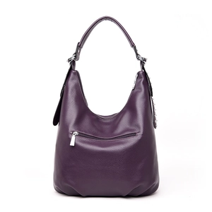 Purple large capacity pebbled leather tote bag with silver rivets and tassel detail