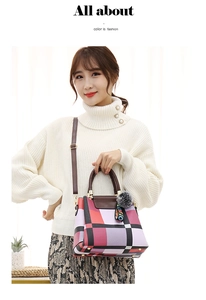 Detail of color-block patchwork tote with plush pompom and LOVE letter ribbon strap