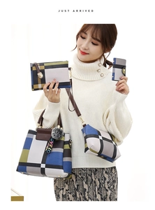 Detail view of a 4-piece handbag set featuring geometric color-block pattern and charms