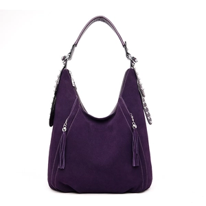 Large Capacity Hobo Shoulder Bag For Women Matte Suede Texture With Tassels And Silver Rivets Bohemian Vintage Style