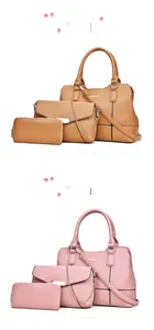Détail d'un ensemble de 3 sacs avec cabas, pochette et portefeuille en simili cuir rose