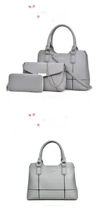 Ensemble de trois sacs en similicuir gris texturé avec grand cabas et petit portefeuille