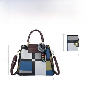 Detail view showing multi-color patchwork handbag dimensions with matching wallet and charm