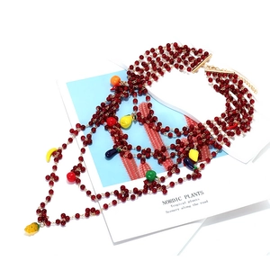 Bohemian multi-layer handmade beaded necklace with colorful fruit charms and golden OT buckle