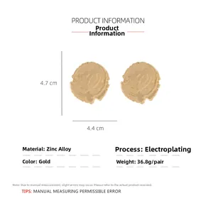Detailed specs of gold irregular alloy coin earrings with heart texture, 4.7cm x 4.4cm size