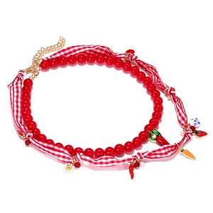 Multilayer beaded strawberry and pepper charm necklace with fabric ribbon detail