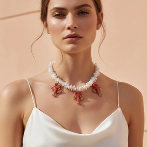 Baroque Imitation Artificial Pearl Necklace With Red Enamel Lobster Charms Alloy Rhinestone Vacation Style Jewelry For Women