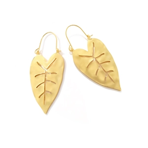 Golden monstera leaf drop earrings with retro hollow texture and artistic metal finish