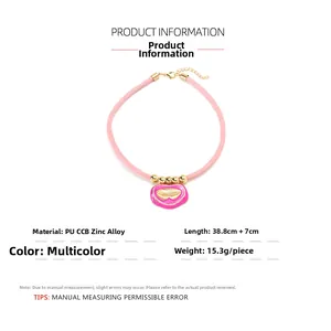 Pink PU leather choker necklace with heart pendant and detailed dimension parameters
