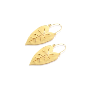 Detailed view of golden leaf earrings with matte texture and hollow vein patterns
