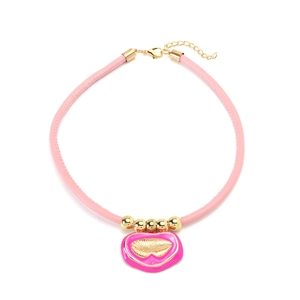 Pink PU leather choker with vintage gold beads and enamel heart pendant necklace