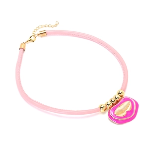 Pink PU leather choker necklace with gold beads and enamel pink lip pendant