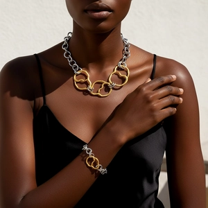 Collier Et Bracelet À Grosse Chaîne Ton Or Et Argent Alliage Géométrique Irrégulier Bijoux De Mode Punk Pour Femmes
