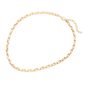 Detail view of golden box chain necklace with lobster clasp and adjustable links