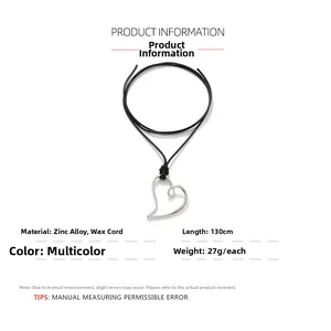 Detailed specs of alloy heart pendant on adjustable wax cord necklace with sizing info
