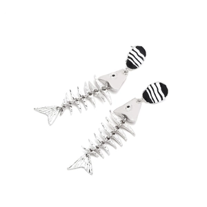 Silver alloy long fish bone drop earrings with black and white enamel stripe detail
