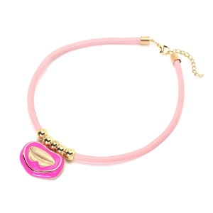 Pink PU leather cord necklace with gold beads and pink enamel lip pendant for women