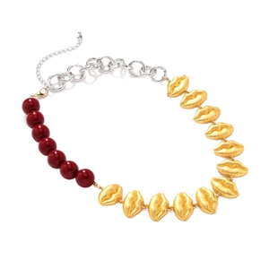 Exaggerated necklace with red beads, gold lip charms and silver chain link for women