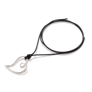 Minimalist silver heart pendant necklace with adjustable black leather cord on white background