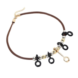 Bohemian style brown PU leather cord necklace with gold and silver geometric beads
