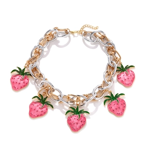 Handmade mixed metal chain necklace with five pink enamel strawberry pendants