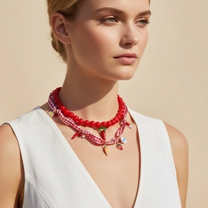Layered Beaded Necklace Alloy Enamel Strawberry Chili Flower Pendants Gingham Fabric Ribbon Summer Sweet Style For Women