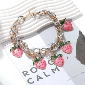 Chunky mixed metal chain necklace with five pink enamel strawberry charms for women