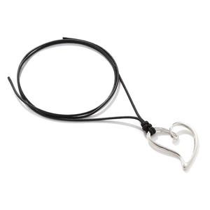 Minimalist silver heart pendant necklace with black cord on white background