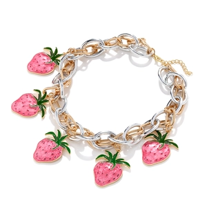 Mixed gold and silver metal chain necklace featuring pink strawberry charms for women