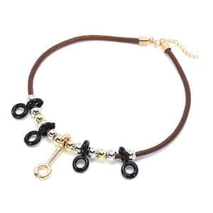 Retro geometry pendant necklace with brown PU leather cord and metallic beads accents