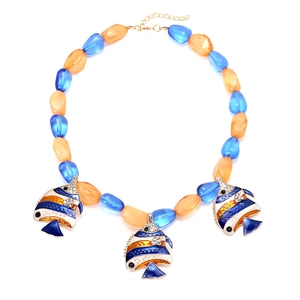 Bohemian tropical fish beaded necklace with blue and orange resin beads and enamel pendants