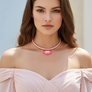 Pink PU Leather Choker Necklace With Enamel Lip Pendant And Gold Alloy Beads Retro Fashion Jewelry For Women