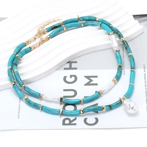 Bohemian double-layer turquoise beaded necklace with baroque pearls and gold accents