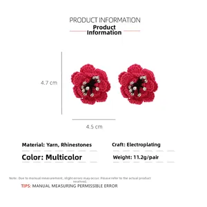 Detail of rose red crochet flower earrings with rhinestone center, size 4.7x4.5cm