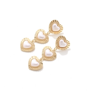 Vintage gold heart drop earrings with baroque pearls in a layered french court style