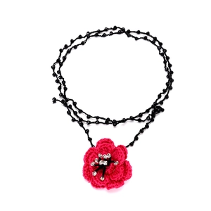 Handmade crochet camellia flower necklace with rose red petals and black beaded chain