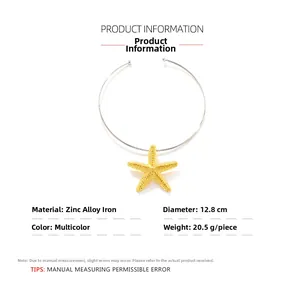 Detail view of gold starfish pendant with textured surface and silver metal choker neckband