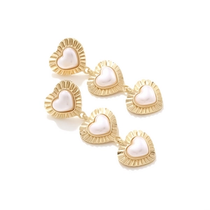 Vintage gold baroque heart pearl drop earrings with triple layered heart pendant design