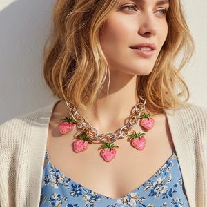 Strawberry Pendant Necklace Enamel Pink Fruit Chunky Gold Silver Mixed Alloy Chain Fashion Jewelry For Women